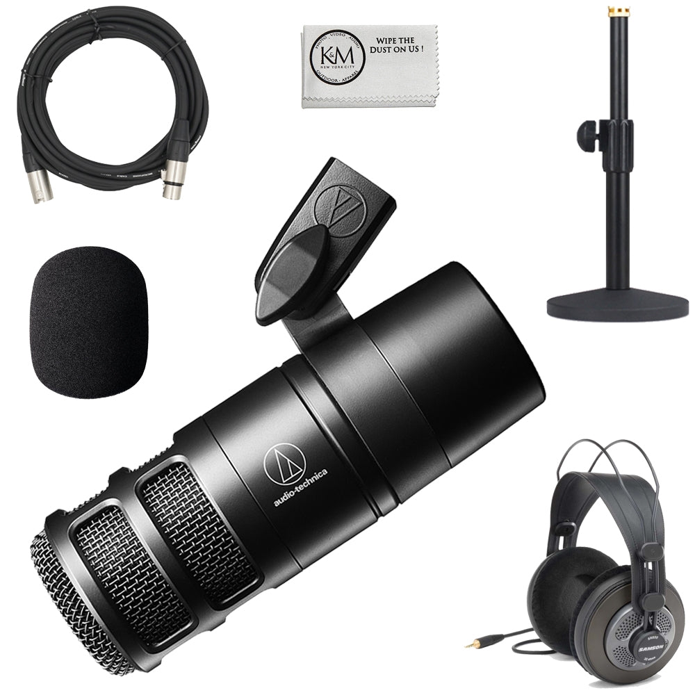 Audio-Technica AT2040 Hypercardioid Dynamic Podcast Microphone Bundle with Studio Headphones + 20ft XLR Cable + AT8176 Foam Windscreen + Microphone Desktop Stand + Cleaning Cloth (6 Items)