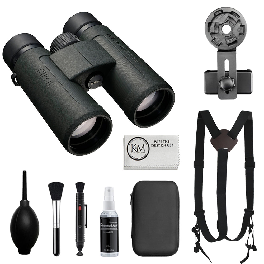 Nikon PROSTAFF P3 8x42 Binoculars Bundled with Harness Strap + Deluxe Cleaning Kit + Smartphone to Binocular adapter + Microfiber Cleaning Cloth (5 Items)