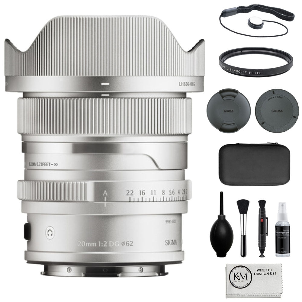 Sigma 20mm f/2 DG Contemporary Lens Compatible with L-Mount (Full Frame) Silver Bundle with 62mm UV Filter + Lens Cap Keeper + Cleaning Kit + Cleaning Cloth (5 Items)