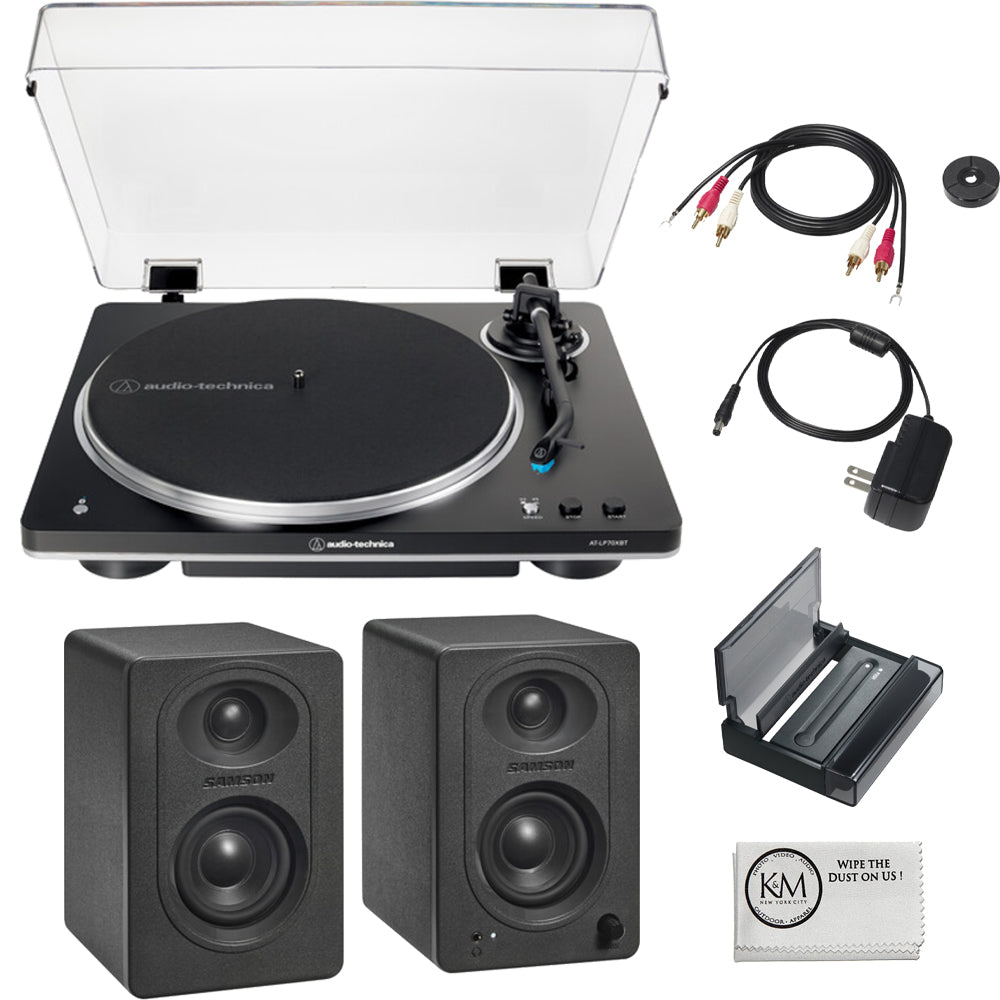 Audio-Technica AT-LP70XBT Automatic Belt-Drive Turntable with Bluetooth | Black and Silver Bundled with 3" Monitors with Bluetooth | Pair + Record Cleaning Tool & Record Cover Stand + Cloth (4 Items)