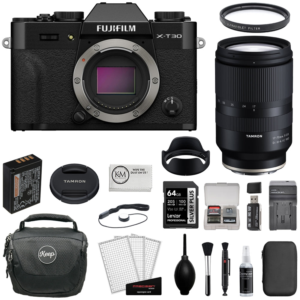 FUJIFILM X-T30 III Mirrorless Digital Camera (Black) Bundle with Tamron 17-70mm f/2.8 Di III-A VC RXD Lens + 64GB Card + Card Reader + UV Filter + Charger + Camera Bag + Cleaning Kit (12 Items)
