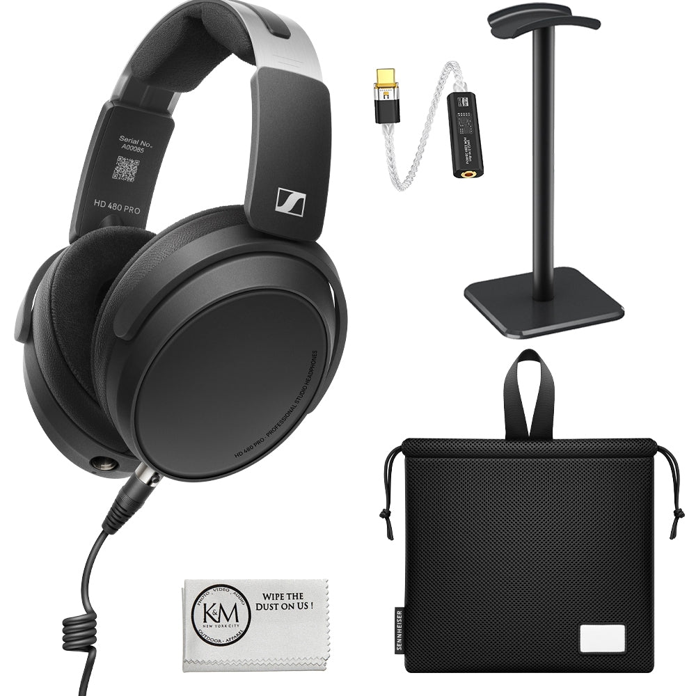 Sennheiser HD 480 PRO Professional Recording & Monitoring Headphones Bundle with USB-C Headphone Adapter w/ Built-In DAC + Headphones Stand + Cleaning Cloth (4 Items)