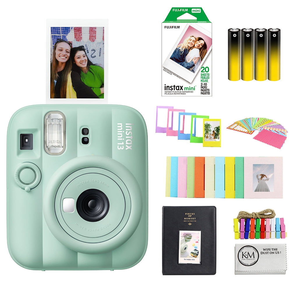 FUJIFILM INSTAX MINI 13 Instant Film Camera | Lagoon Green Bundle with Instax Mini Film | 20 Exposures + 4 Pack AA Batteries + Mini Album, Borders, Stickers & Clips + Cleaning Cloth (5 Items)