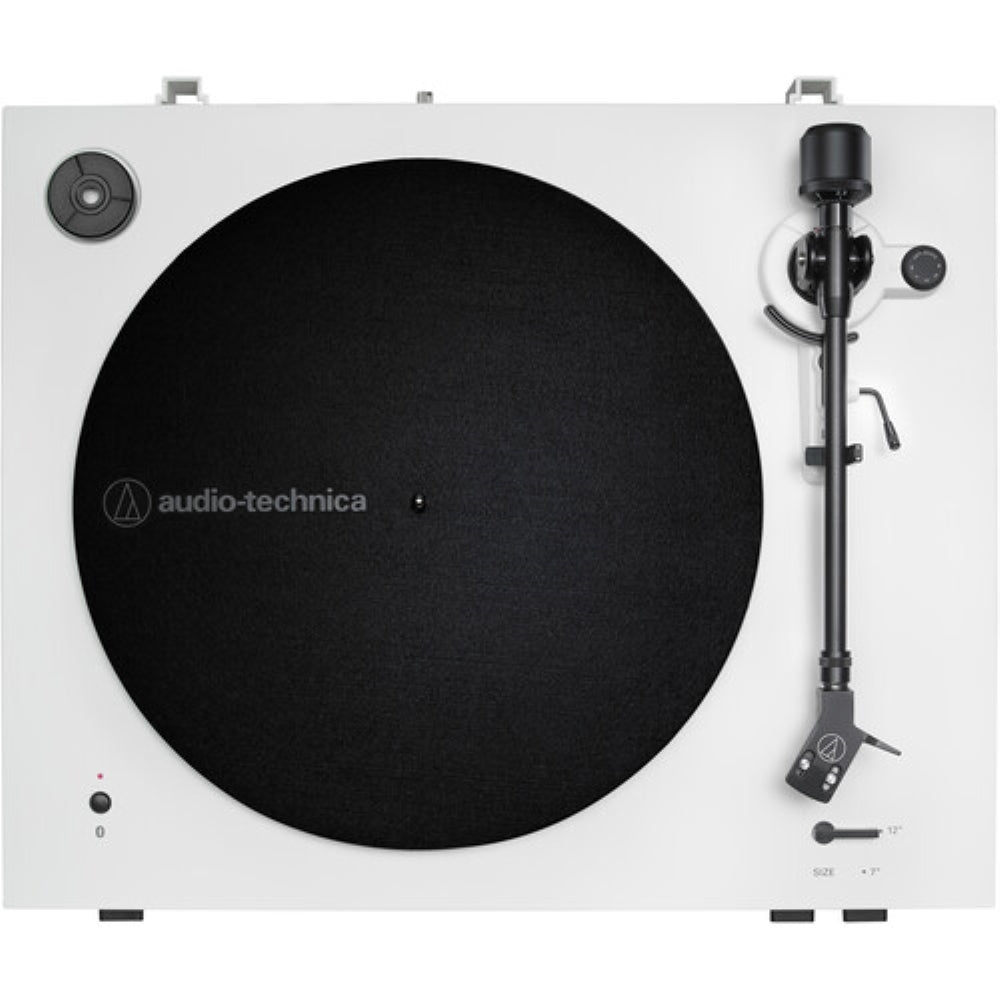 Audio-Technica Consumer AT-LP3XBT Fully Automatic Two-Speed Turntable with Bluetooth (White) Bundle with AT-SP65XBT Portable Wireless Bluetooth Speaker & Cleaning Tool & Record Cover Stand (4 Items)