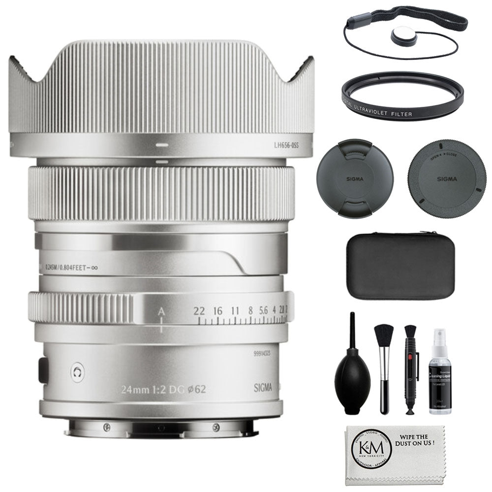 Sigma 24mm f/2 DG Contemporary Lens Compatible with L-Mount (Full Frame) Silver Bundle with 62mm UV Filter + Lens Cap Keeper + Cleaning Kit + Cleaning Cloth (5 Items)