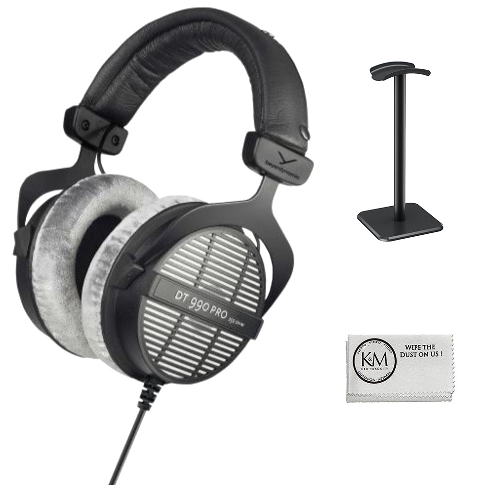 BeyerDynamic DT 990 Pro 250 ohm Studio Headphones Bundle With Headphones Stand + Microfiber Cleaning Cloth (3 Items)