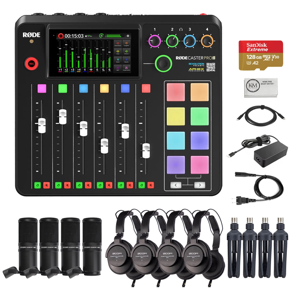 Rode RODECaster Pro II Integrated Audio Production Studio Bundled with 4 x Podcast Mic Packs + 128GB Micro-SD Card + Cleaning Cloth (7 Items)  **OPEN BOX**
