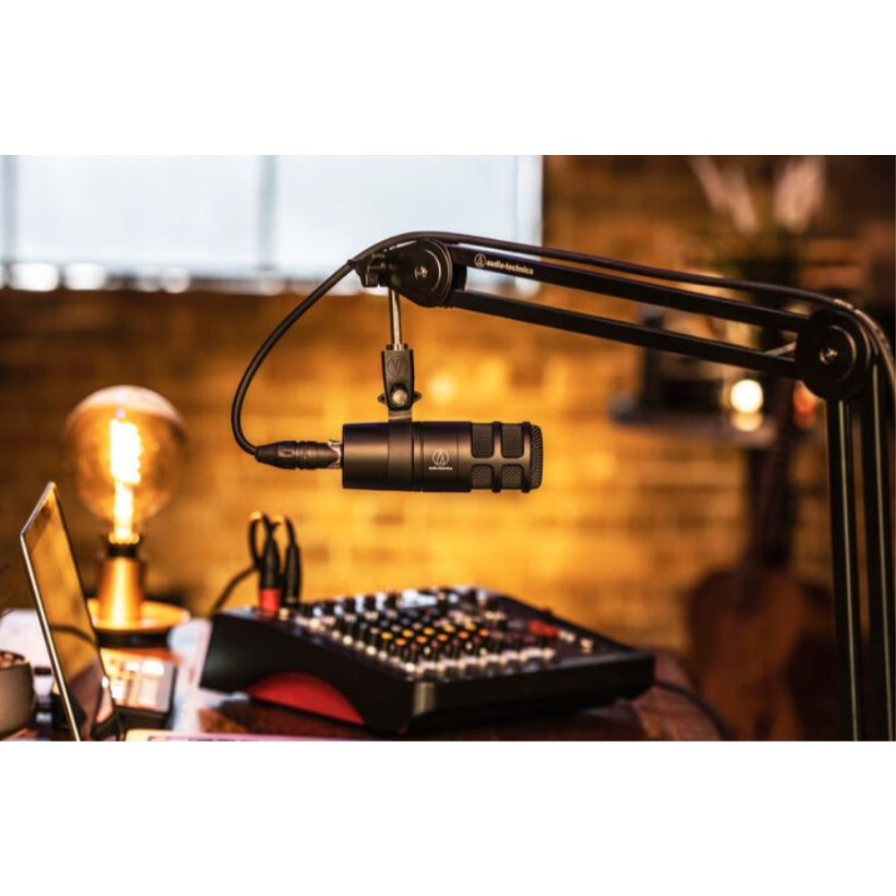 Audio-Technica AT2040 Hypercardioid Dynamic Podcast Microphone Bundle with Studio Headphones + 20ft XLR Cable + AT8176 Foam Windscreen + Microphone Desktop Stand + Cleaning Cloth (6 Items)