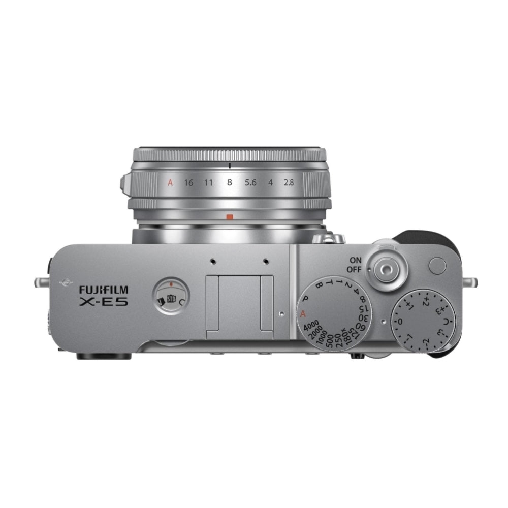 FUJIFILM X-E5 Mirrorless Camera with 23mm f/2.8 R WR Lens (Silver) Bundle with 64GB Memory Card + Battery Charger + Camera Bag + Card Reader + Memory Case + Lens Cap Keeper + Cleaning Kit (10 Items)