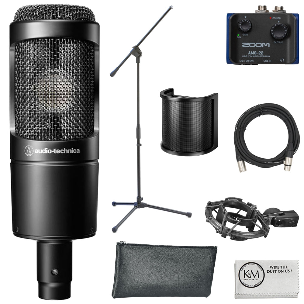 Audio-Technica AT2035 Cardioid Condenser Microphone Bundle with Audio Interface + Microphone Stand + Pop Filter + XLR Cable + Cleaning Cloth (6 Items)