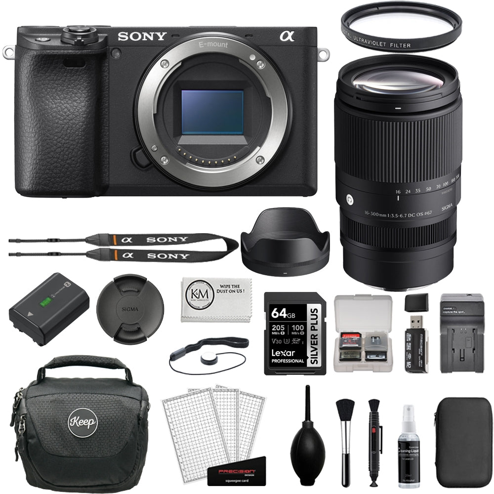 Sony a6400 Mirrorless Camera Bundle with Sigma 16-300mm f/3.5-6.7 DC OS Contemporary Lens Compatible with Sony E Mount +  64GB Memory Card + Medium Camera Shoulder Bag + Cleaning Kit (12 Items)