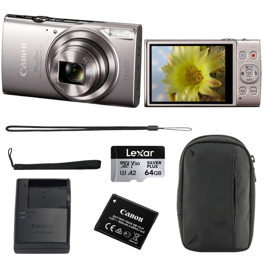 Canon PowerShot ELPH 360 HS A Digital Camera | Silver Bundle with 64GB Memory Card + Wrist Strap + Digital Camera Pouch (4 Items)