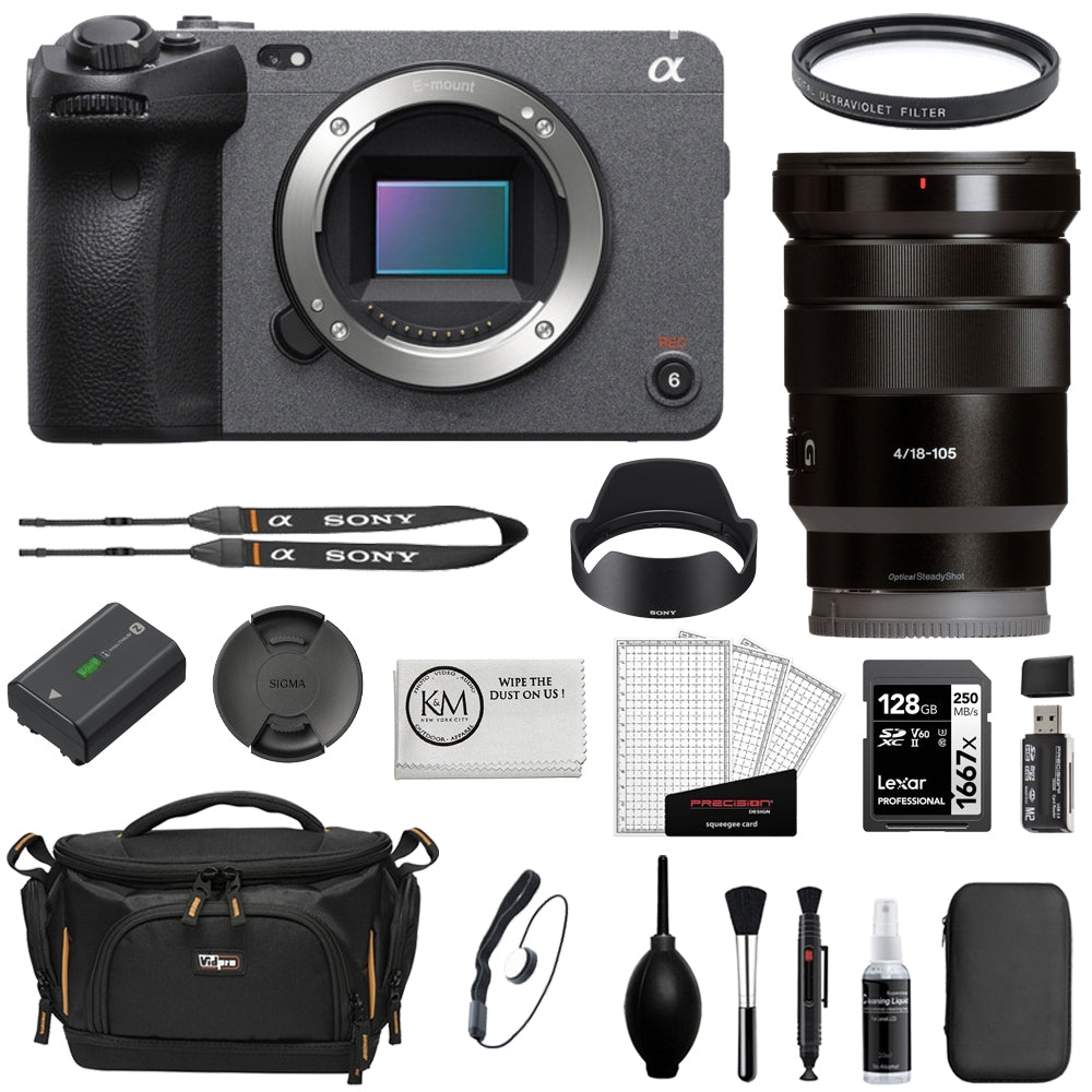 Sony FX30 Digital Cinema Camera Bundle with E PZ 18-105mm f/4 G OSS Lens + 72mm UV Filter + 128GB SDXC Memory Card + Camera Bag + Cleaning Kit + Cleaning Cloth (10 Items)