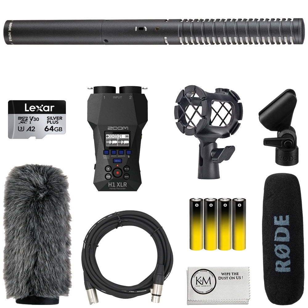 Rode NTG2 Condenser Shotgun Microphone Bundle with H1 Handy Recorder + 64GB Memory Card + Shockmount + Fur Windshield + 4 Pack AA Batteries (8 Items)