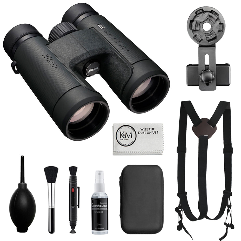 Nikon PROSTAFF P7 10x42 Binoculars Bundled with Harness Strap + Deluxe Cleaning Kit + Smartphone to Binocular adapter + Microfiber Cleaning Cloth (5 Items)