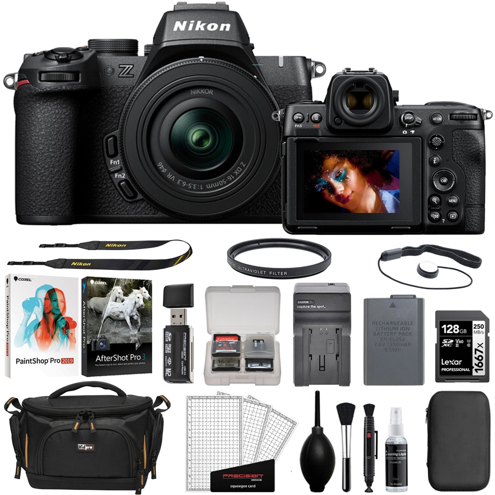 Nikon Z50 II Mirrorless Camera with 16-50mm Lens Bundle with 128GB Memory Card + Corel Photo Bundle + UV Filter + Memory Card Case + Camera Bag + Cleaning Kit (13 Items)