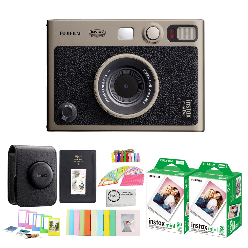 FUJIFILM INSTAX MINI EVO Limited Edition Hybrid Instant Camera | Titanium Gold with INSTAX Mini Instant Film | 40 Exposures + Instax Mini Album, Borders, Stickers & Clips + Cleaning Cloth (5 Items)