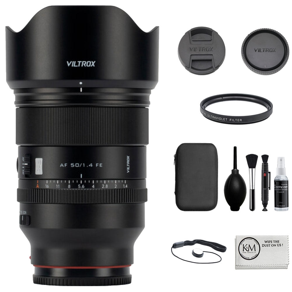 Viltrox AF 50mm f/1.4 FE Lens Compatible with Sony E Mount Bundle with UV Filter + Lens Cap Keeper + Cleaning Kit + Cleaning Cloth (5 Items)
