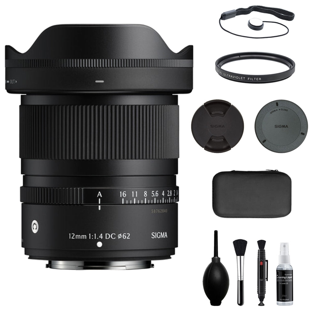 Sigma 12mm f/1.4 DC Contemporary Lens Compatible with FUJIFILM X Mount (APS-C) Bundle with UV Filter + Lens Cap Keeper + Cleaning Kit + Cleaning Cloth (5 Items)