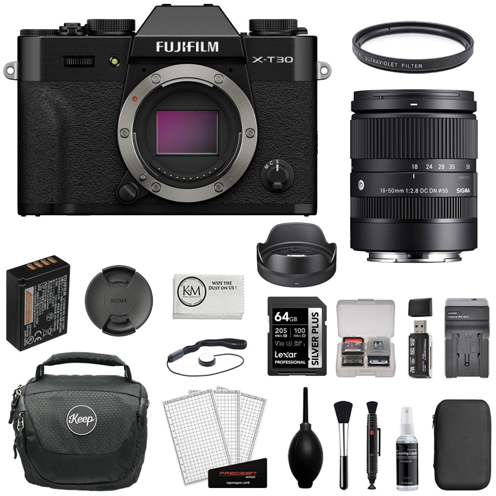 FUJIFILM X-T30 III Mirrorless Camera (Black) Bundle with Sigma 18-50mm f/2.8 DC DN Contemporary Lens + 64GB Card + Card Reader + UV Filter + Battery Charger + Camera Bag + Cleaning Kit (12 Items)