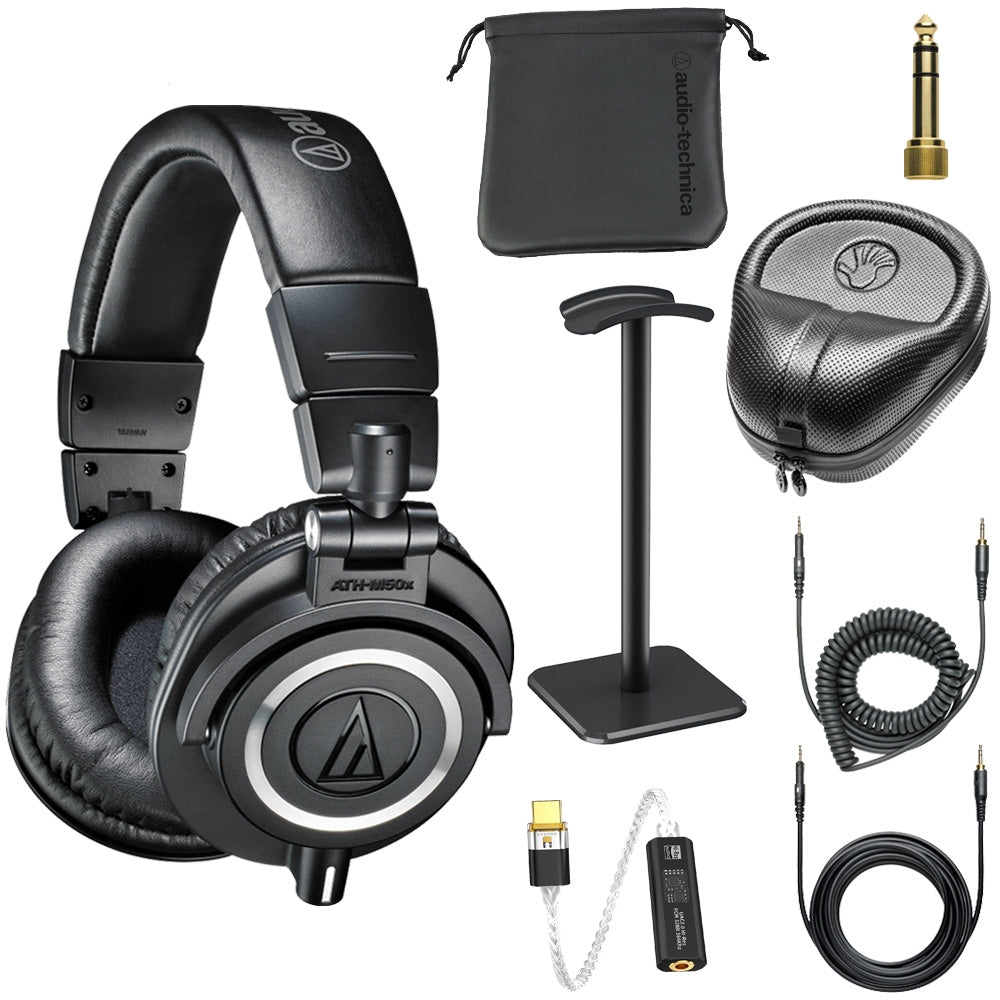 Audio-Technica ATH-M50x Closed-Back Monitor Headphones (Black) Bundle with USB-C Headphone Adapter w/ Built-In DAC + Headphones Stand + Full-Sized Headphone Case