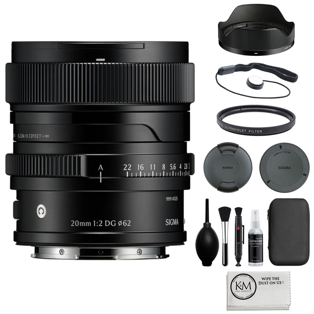 Sigma 20mm f/2 DG Contemporary Lens Compatible with L-Mount (Full Frame) Black Bundle with 62mm UV Filter + Lens Cap Keeper + Cleaning Kit + Cleaning Cloth (5 Items)