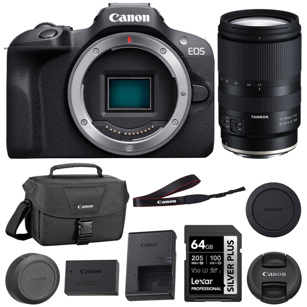 Canon EOS R100 Mirrorless Camera (Body) with Tamron 17-70mm f/2.8 Di III-A VC RXD Lens + 64GB Memory Card + Shoulder Bag (4 Items)