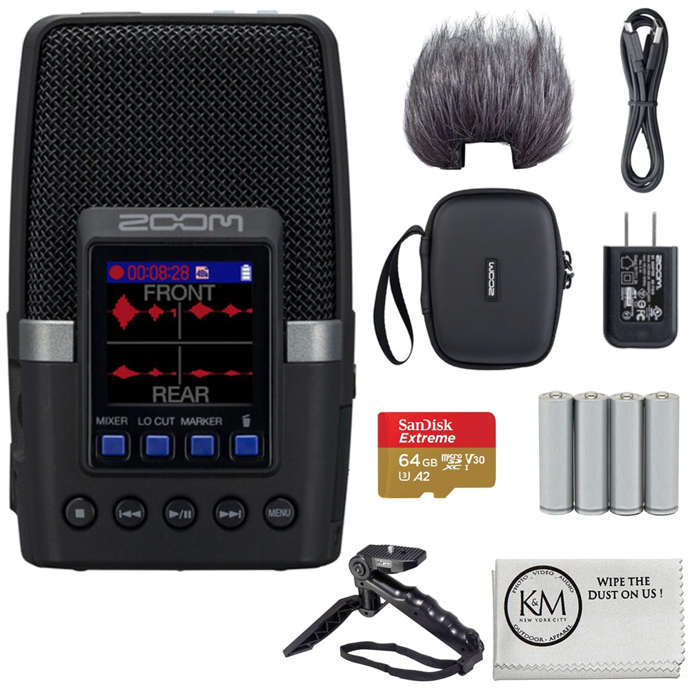 Zoom H2essential Multi-Mic 32-Bit Float Handy Recorder Bundle with APH-2e Accessory Pack + 64GB Micro-SD + Grip Tripod + 4 Pack AA Batteries + Cleaning Cloth (6 Item)