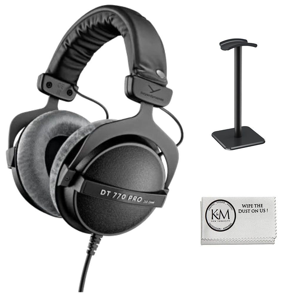 BeyerDynamic DT 770 PRO 250 Ohm Over-Ear Studio Headphones | Black Bundle with Headphones Stand + Microfiber Cleaning Cloth