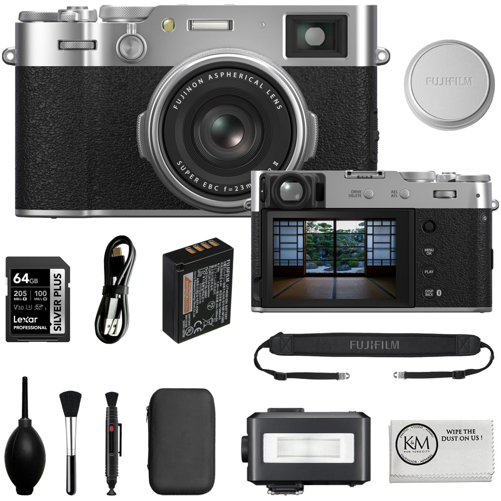 FUJIFILM X100VI Digital Camera | Silver Bundled with 64GB Memory Card + iT30Pro F TTL Mini Flash + Cleaning Kit - Blower, Lens Pen, Brush & Case + Cloth (5 Items)