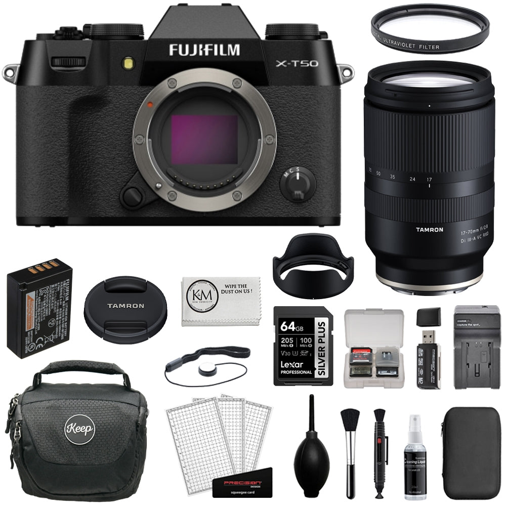 FUJIFILM X-T50 Mirrorless Camera (Black) Bundle with Tamron 17-70mm f/2.8 Di III-A VC RXD Lens + 64GB Card + UV Filter + Battery Charger + Camera Bag + Cleaning Kit + Microfiber Cloth (12 Items)