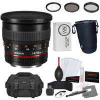 Rokinon 50mm F/1.4 UMC Lens - Canon EF Mount + 3-Piece Multi-Coated HD Filter Set + Keep Co. Lens Pouch – Large + Striker Deluxe Photo Starter Kit + Microfiber Cleaning Cloth + Digital Camera Case Bundle