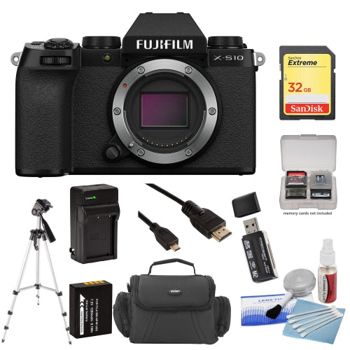 FUJIFILM X-S10 Mirrorless Digital Camera (Body Only) with 32GB SD Card + Cleaning Kit + Extra Battery & Charger + Camera Bag + Tripod