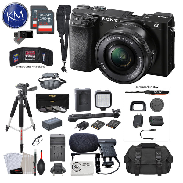 Sony Alpha a6100 Mirrorless Digital Camera with 16-50mm Lens with Premium Bundle: Includes – Tripod, Flash, Lens Filters, and Microphone