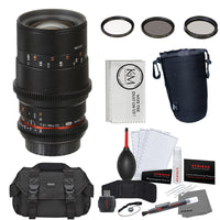 Rokinon 100mm T3.1 Macro Cine DS Lens for Canon EF Mount + 3-Piece Multi-Coated HD Filter Set + Keep Co. Lens Pouch – Large + Striker Deluxe Photo Starter Kit + Microfiber Cleaning Cloth + Digital Camera Case Bundle