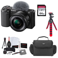 Sony ZV-E10 Mirrorless Camera with 16-50mm Lens (Black) with Transcend 64GB Memory Card + Flexible Tripod + Camera Bag + Cleaning Kit Bundle