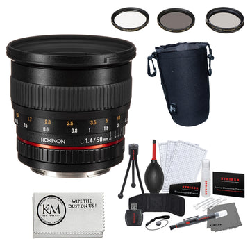 Rokinon 50mm F/1.4 UMC Lens - Canon EF Mount + 3-Piece Multi-Coated HD Filter Set + Keep Co. Lens Pouch – Large + Striker Deluxe Photo Starter Kit + Microfiber Cleaning Cloth Bundle