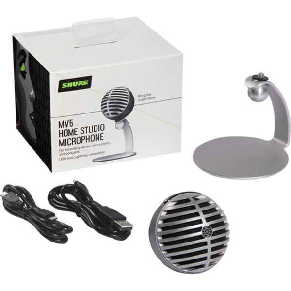 Shure MOTIV MV5 Cardioid USB/Lightning Microphone for Computers and iOS Devices | New Packaging, Gray/Black Foam