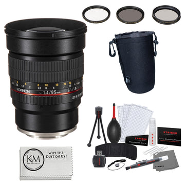 Rokinon 85mm f/1.4 AS IF UMC Lens for Sony E Mount + 3-Piece Multi-Coated HD Filter Set + Keep Co. Lens Pouch – Large + Striker Deluxe Photo Starter Kit + Microfiber Cleaning Cloth Bundle