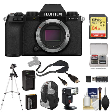 FUJIFILM X-S10 Mirrorless Digital Camera (Body Only) with 64GB SD Card + Sunpak Flash + Sling Camera Strap + Extra Battery & Charger + Camera Bag + Tripod