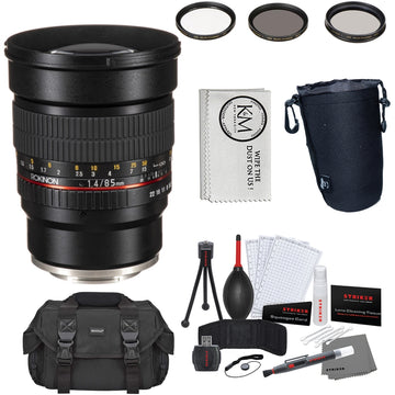 Rokinon 85mm f/1.4 AS IF UMC Lens for Sony E Mount + 3-Piece Multi-Coated HD Filter Set + Keep Co. Lens Pouch – Large + Striker Deluxe Photo Starter Kit + Microfiber Cleaning Cloth + Digital Camera Case Bundle