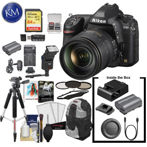Nikon D780 DSLR Camera with 24-120mm Lens with 64GB Extreme SD Card, 6Pc Cleaning Kit, Large Tripod, Filter Set, Sling Backpack & Premium Bundle