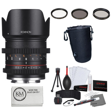 Rokinon 21mm T1.5 Compact High-Speed Cine Lens for Fujifilm X + 3-Piece Multi-Coated HD Filter Set + Keep Co. Lens Pouch – Large + Striker Deluxe Photo Starter Kit + Microfiber Cleaning Cloth Bundle