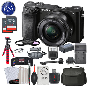 Sony Alpha a6100 Mirrorless Digital Camera w/ 16-50mm Lens (Black) and Striker Deluxe Bundle with 12” Tripod