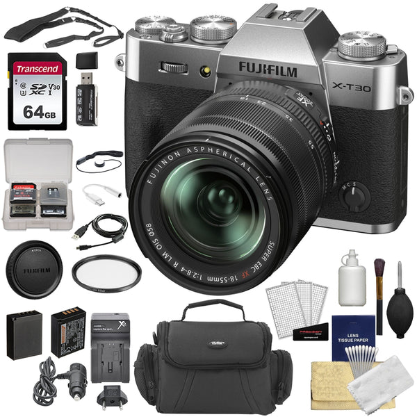FUJIFILM X-T30 II Mirrorless Digital Camera | 18-55mm Lens | Silver + 52mm Filter + Cleaning Kit + Memory Card and Case + Screen Protectors + Camera Case + Memory Card Reader + Lens Cap Keeper + Spare Battery and Charger Bundle