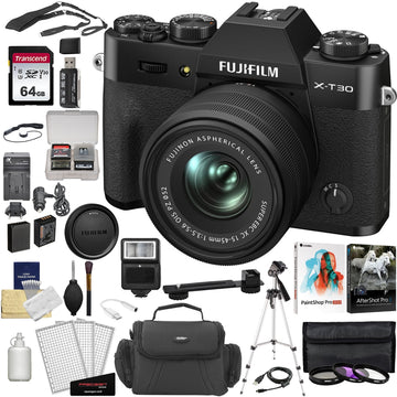 FUJIFILM X-T30 II Mirrorless Digital Camera | 15-45mm Lens | Black  + Filters + Cleaning Kit + Tripod +Card and Case + Screen Protectors + Camera Case + Memory Card Reader + Cap Keeper + Battery and Charger+ Photo Bundle+ Flash w/ Bracket Bundle