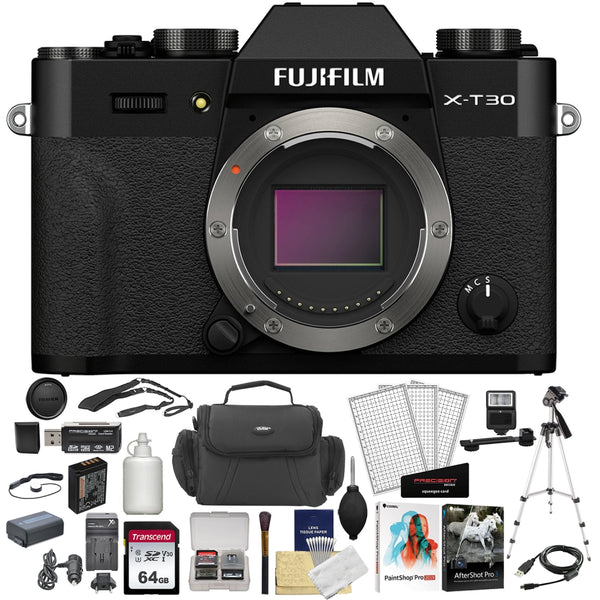 FUJIFILM X-T30 II Mirrorless Digital Camera | Body Only, Black + Cleaning Kit + Memory Card and Case + Screen Protectors + Camera Case + Memory Card Reader + Lens Cap Keeper + Spare Battery and Charger+ Corel Photo Bundle+ Flash w/ Bracket Bundle