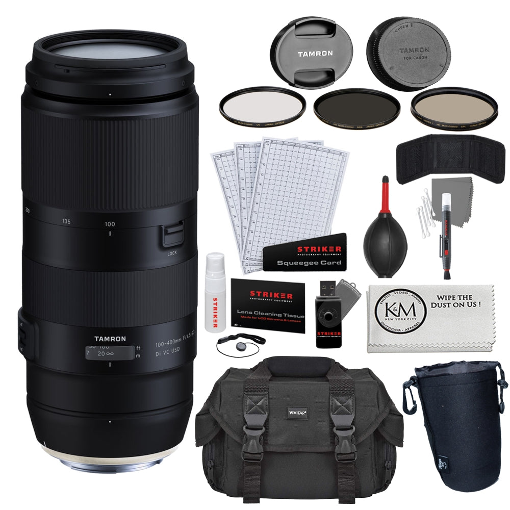 Tamron 100-400mm f/4.5-6.3 Di VC USD Lens for Canon EF + Photo Starter Kit  + Large Lens Pouch + 3-Piece Filter Set + Microfiber Cleaning Cloth +
