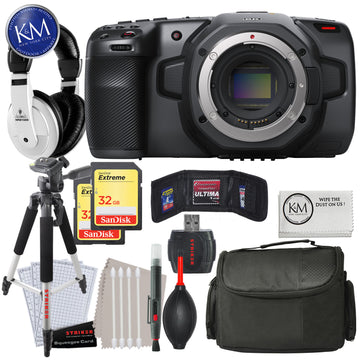 Blackmagic Design Pocket Cinema Camera 6K | Canon EF with Advance Bundle: Includes Headphones, Large Bag, Large Tripod, Striker Cleaning Kit, 32GB Memory Card x 2