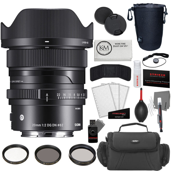 Sigma 20mm f/2 DG DN Contemporary Lens for Sony E + Lens Pouch | Large + Cleaning cloth + Photo Starter Kit + 3-Piece Filter Set (62mm UV/CPL/ND8)  + Camera bag Bundle